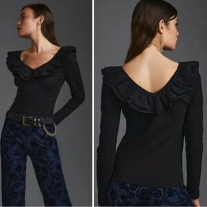DOLAN Anthropologie Black Ruffled Top V-neck Ribbed Long Sleeve Top M